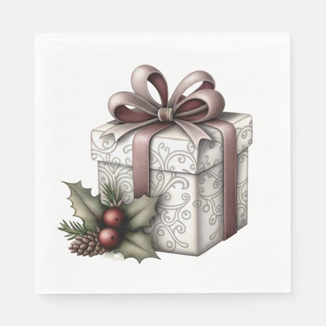 GUARDANAPO DE PAPEL TEMA DE NATAL DE FÉRIAS BRANCO E MALVA (Frente)