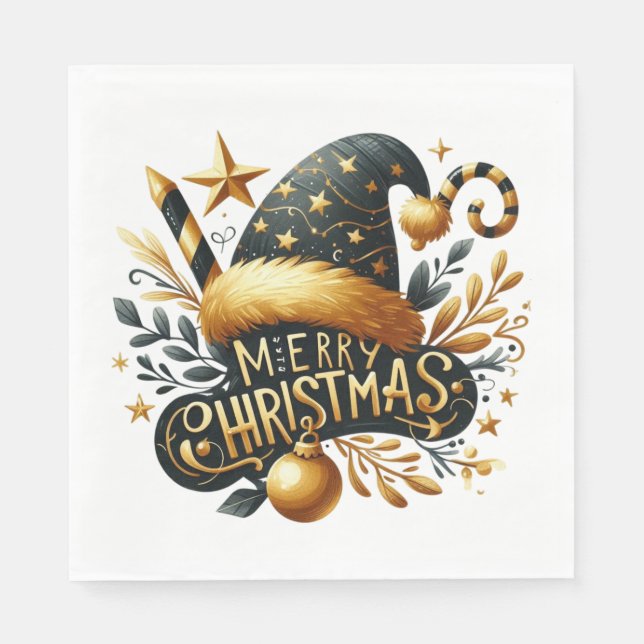 GUARDANAPO DE PAPEL TEMA DE NATAL FERIADO PRETO E DOURADO (Frente)