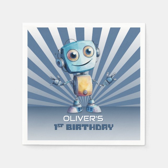 Guardanapo De Papel Tema de Robô Retrô 1º Aniversário (Frente)