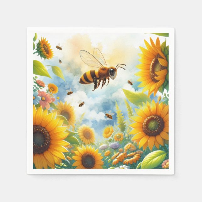 Guardanapo De Papel Tema Jardim de Girassóis Abelha Ocupada (Frente)