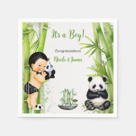 Guardanapo De Papel Tema Panda Bambu Bebê Menino Preto Branco Verde