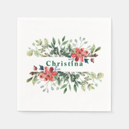 Guardanapo De Papel Tendy Winter Green Folhas com Flores Vermelhas