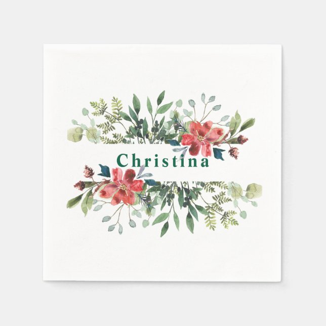 Guardanapo De Papel Tendy Winter Green Folhas com Flores Vermelhas (Frente)