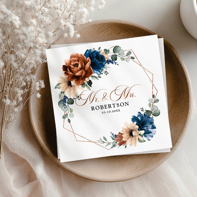 Guardanapo De Papel Terracotta Marinho Blue Greenery Casamento Geométr (Terracotta Navy Blue Greenery Geometric Wedding Mr. and Mrs.  Napkins)