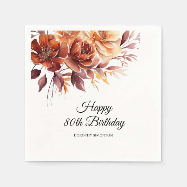 Guardanapo De Papel Terracotta Orange Fall Flowers 80 Birthday (Frente)