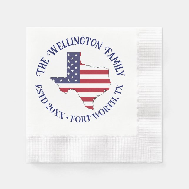 Guardanapo De Papel Texas State Map Stars Stripes Nome da Família Date (Frente)
