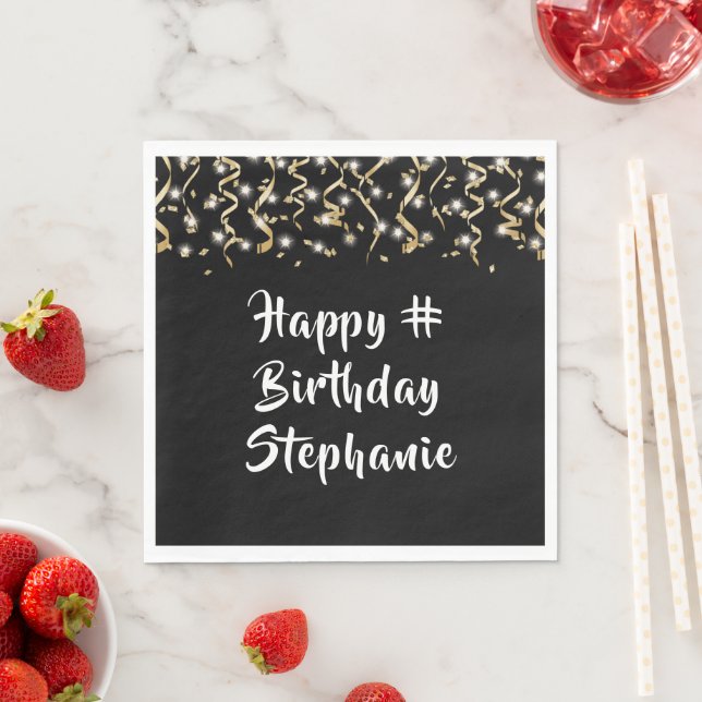 Guardanapo De Papel Texto Personalizado do Confetti Preto de Aniversár (Insitu)