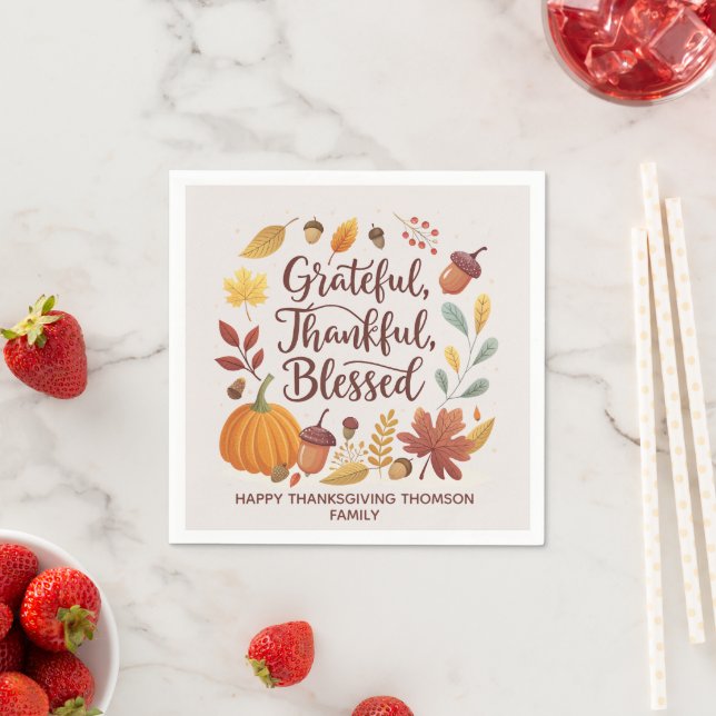 Guardanapo De Papel Thankful Grateful Blessed Thanksgiving Fall (Insitu)