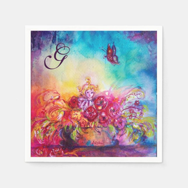 GUARDANAPO DE PAPEL THUMBELINA, FLOWER BASKET E MONOGRAMA COM BORDA (Frente)