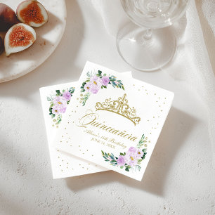 Guardanapo De Papel Tiara Dourada de Quinze Anos Roxo Lilás Floral