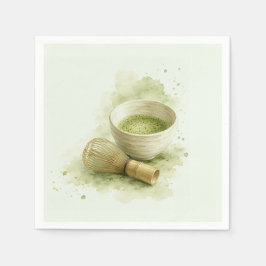 Guardanapo De Papel Tigela de Matcha em Aquarela e Batedeira de Bambu