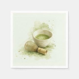 Guardanapo De Papel Tigela de Matcha em Aquarela e Batedeira de Bambu