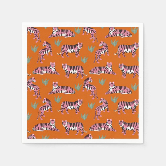 Guardanapo De Papel Tigres da Selva Boho Laranja Rosa (Frente)