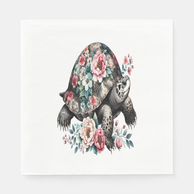 Guardanapo De Papel Tinta e Lave Tartaruga com Shell Floral. (Frente)