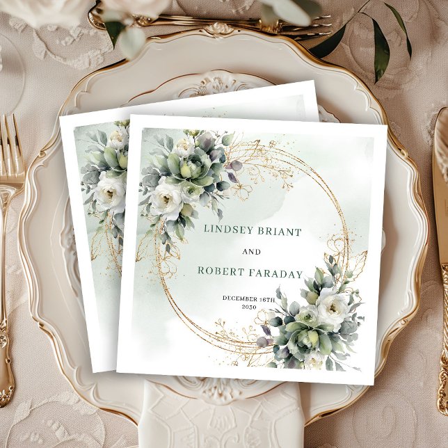 Guardanapo De Papel Toalhas de casamento douradas com rosas brancas el (Chic White Roses Greenery Gold Wedding Napkins)