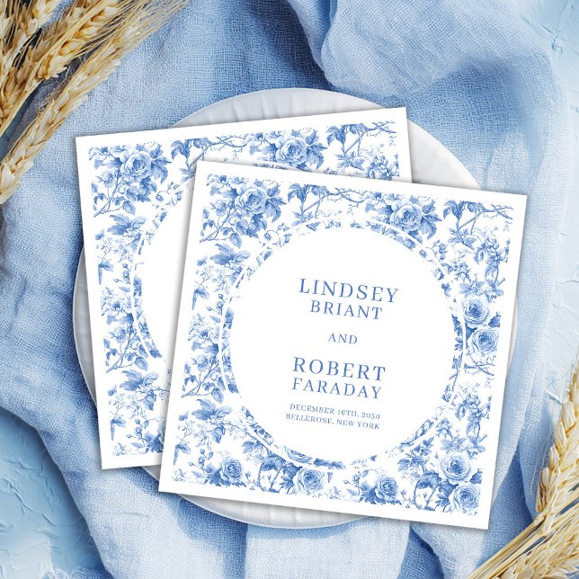 Guardanapo De Papel Toalhas de Casamento Personalizadas Chic Royal Blu (Chic Royal Blue Toile Roses Personalized Wedding Napkins)