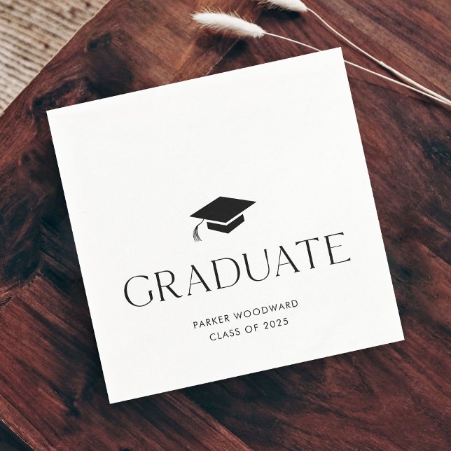 Guardanapo De Papel Toca simples preta e branca de formatura (Simple black and white graduation cap party napkins.)