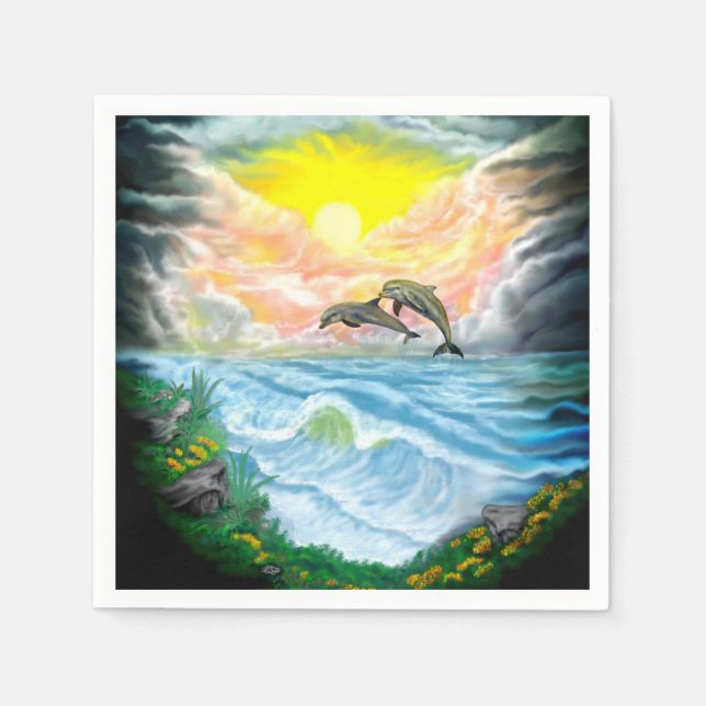 Guardanapo De Papel Tocando golfinhos ao sol (Frente)