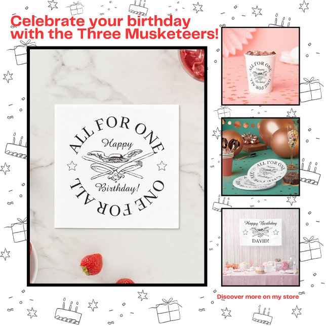 Guardanapo De Papel Todos por um para todos os mosqueteiros Feliz aniv (Criador carregado)