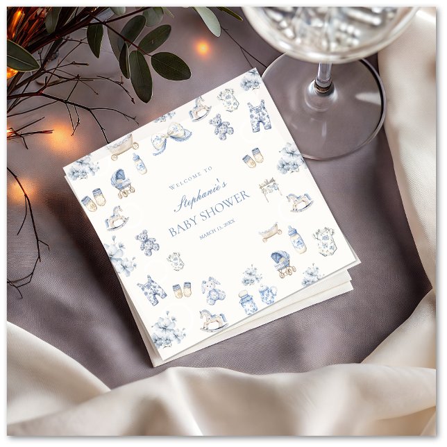 Guardanapo De Papel Toile De Jouy Baby Shower Blue Bow Boy (Toile De Jouy Baby Shower Blue Bow Boy Napkin)