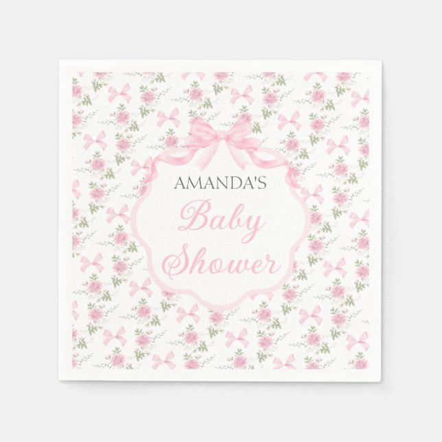 Guardanapo De Papel Toile De Jouy Pink Bow Girl Baby Shower Party (Frente)