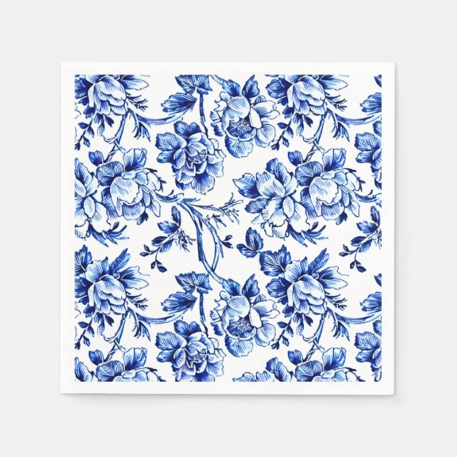 Guardanapo De Papel Toile Floral Branco e Azul Elegante (Frente)