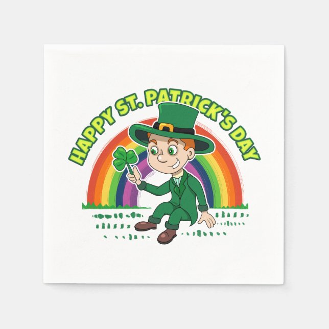 Guardanapo De Papel Toon leprechaun bonito com shamrock e arco-íris (Frente)