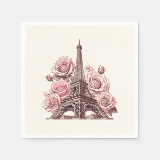 Guardanapo De Papel Torre Eiffel Paris e Rosas Rosa (Frente)