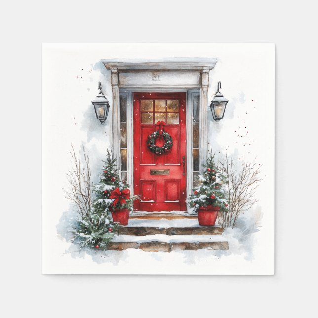 Guardanapo De Papel Traditional Christmas Holiday Welcome Red Door (Frente)