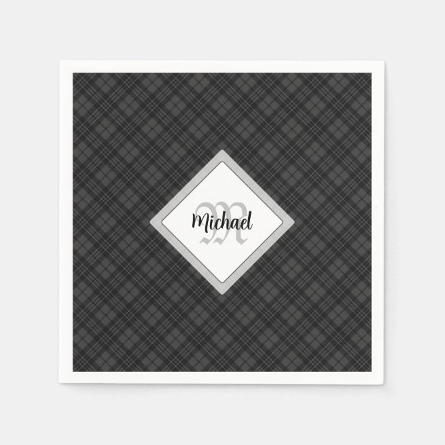 Guardanapo De Papel Trendy Black White Tartan Personalize Monograma (Frente)