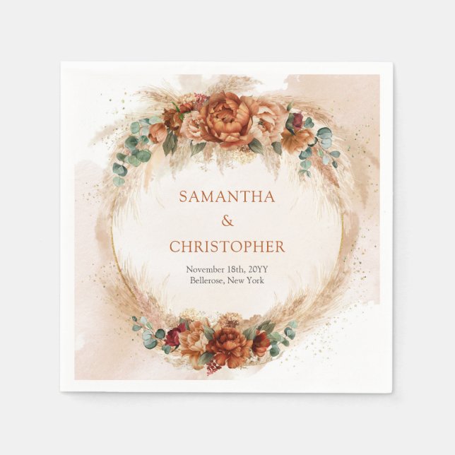 Guardanapo De Papel Trendy Terracotta burgundy flores verdes pampas (Frente)