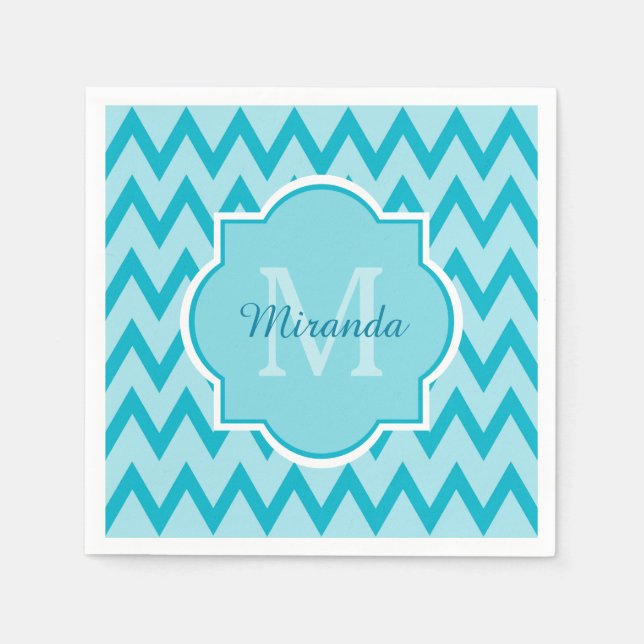 Guardanapo De Papel Trendy Turquoise Chevron Zigzag Nome e Monograma (Frente)