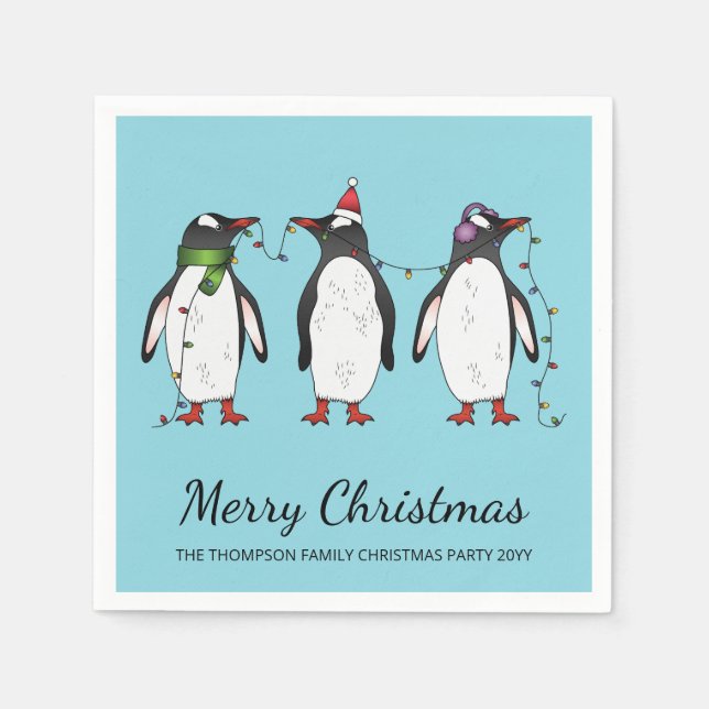 Guardanapo De Papel Três Pinguins De Natal Festivos Com Texto Personal (Frente)