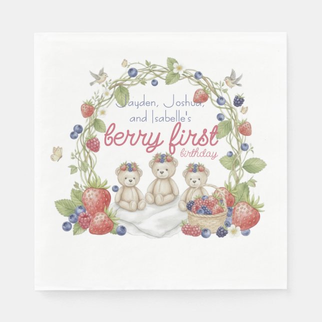 Guardanapo De Papel Triplets Berry First Birthday Party (Frente)