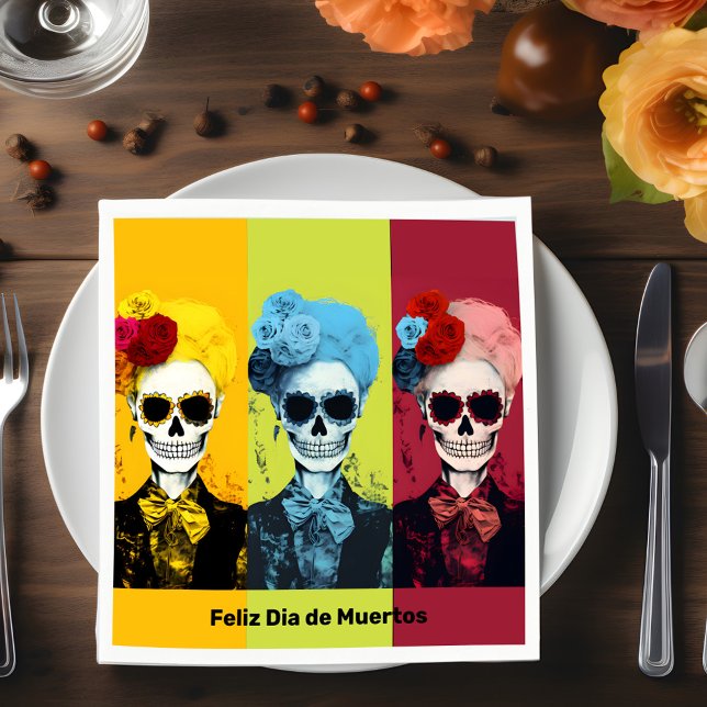 Guardanapo De Papel Triptych do Dia de Muertos Calavera Catrina (Triptych of Dia de Muertos Calavera Catrina Napkins, customizable text)