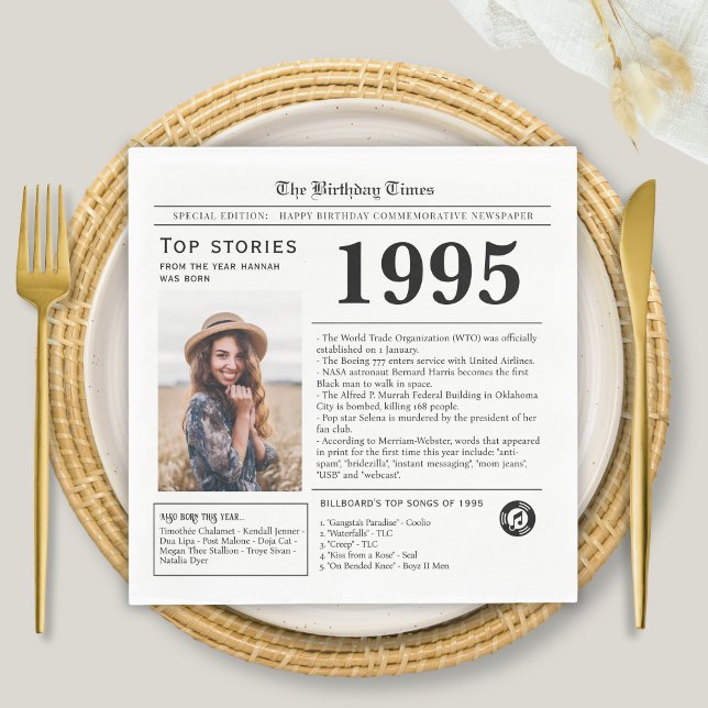 Guardanapo De Papel Trivia de aniversário do jornal de 1995 (1995 Newspaper Birthday Trivia  Napkin at a table setting for 30th birthday party)