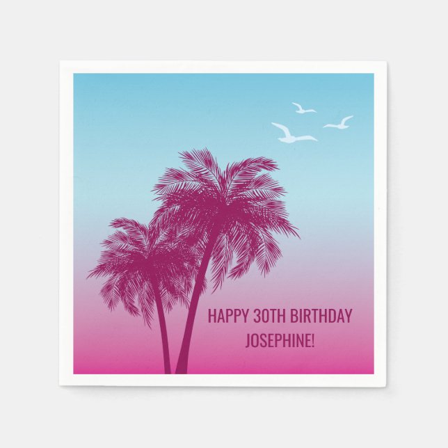 Guardanapo De Papel Tropical Dusk With Pink Palm Trees Happy Birthday (Frente)