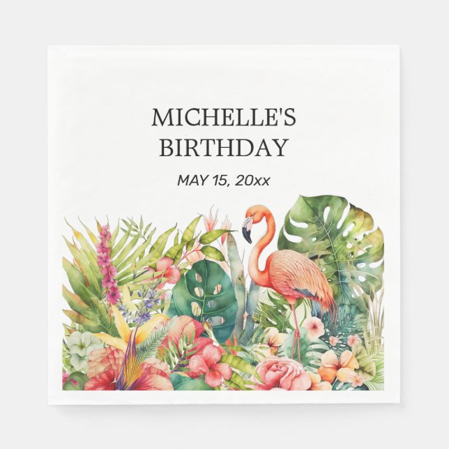 Guardanapo De Papel Tropical Floral Flamingo Happy Birday (Frente)