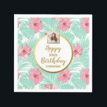 Guardanapo De Papel Tropical Floral Luau Palm Deixa Foto De Aniversári<br><div class="desc">Torne o seu evento especial com estes guardanapos de papel personalizados com a sua foto carregada e 4 linhas de texto personalizado cercadas por uma borda de ouro cônico e colocados contra um padrão tropical de flores de hibisco rosa e folhas de palma. Perfeito para qualquer aniversário, noiva e chá...</div>