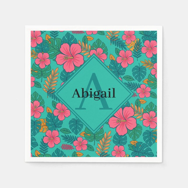 Guardanapo De Papel Tropical Hibiscus and Palm Leaf Pattern  (Frente)