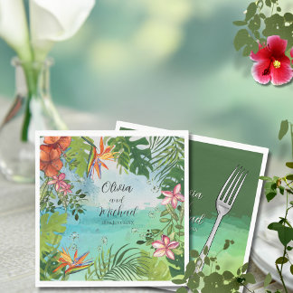 Guardanapo De Papel Tropical Wedding  Watercolor Hibiscus Palm Green