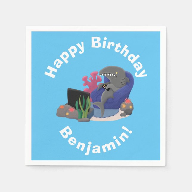 Guardanapo De Papel Tubarão engraçado assistindo desenhos animados na  (Frente)