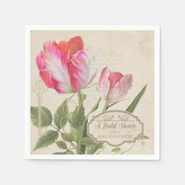 Guardanapo De Papel Tulip Art Do Parrot De Script De Vintage Rosa-chá  (Frente)