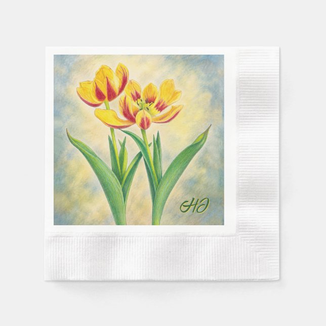 Guardanapo De Papel Tulipas Amarelas e Vermelhas Cunhadas (Frente)