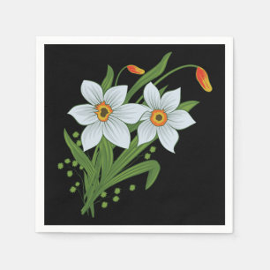 Guardanapo De Papel Tulipas e Narcisos Flores Fundo Preto
