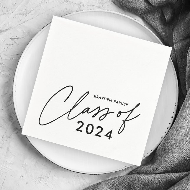 Guardanapo De Papel Turma de Graduação de Letra Moderna (Simple black and white script class of 2024 (editable year) graduation party napkins.)