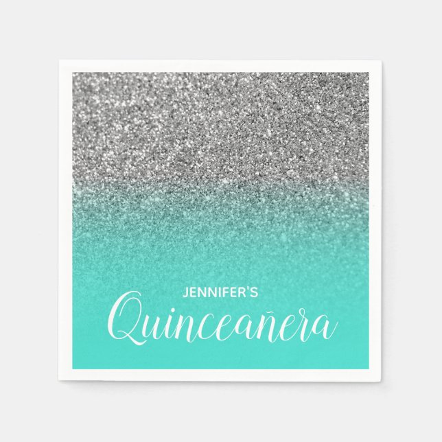 Guardanapo De Papel Turquesa e Ombre Silver Glitter Quinceanera (Frente)