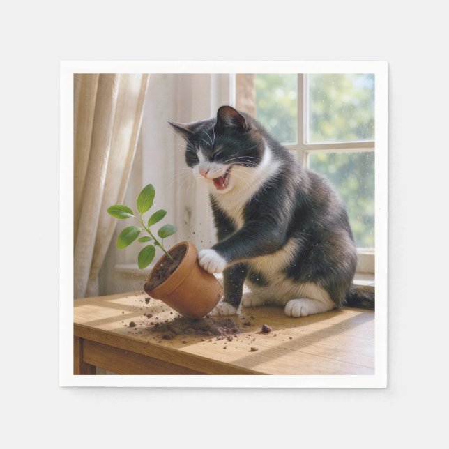 Guardanapo De Papel Tuxedo Cat Toppling a Pothouse Plant (Frente)