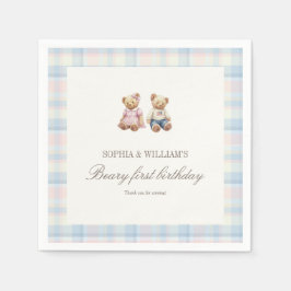 Guardanapo De Papel Twins Beary First Birthday Napkins | Pink Blue