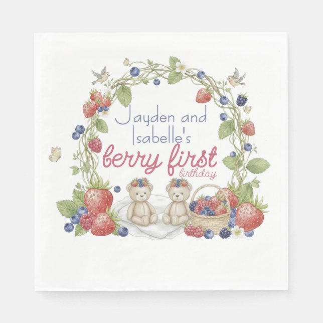 Guardanapo De Papel Twins Berry First 1st Birthday Party  (Frente)